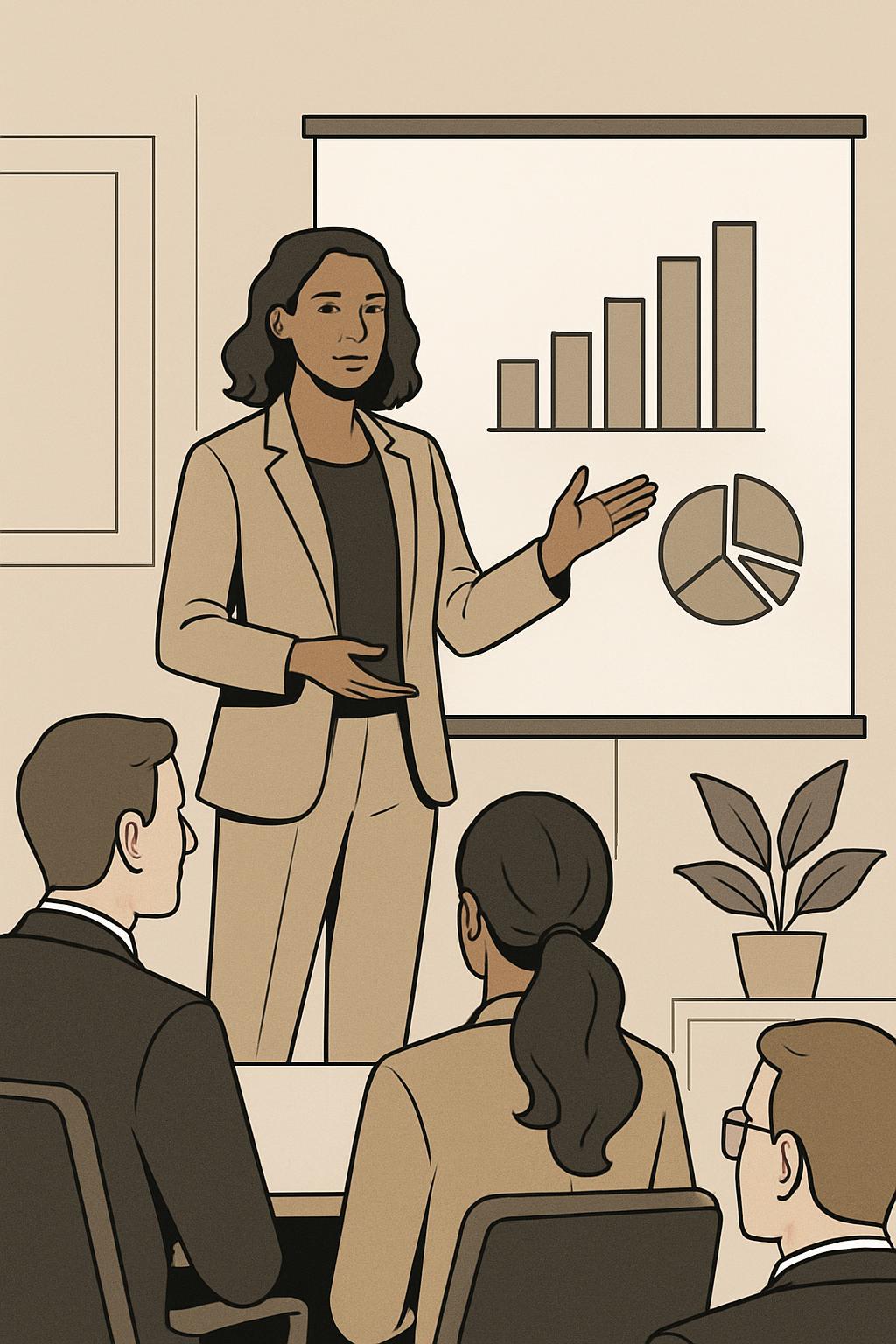 A woman in a tan suit presents a bar chart and pie chart on a projector screen to a meeting, 3 others sit facing her. The ...