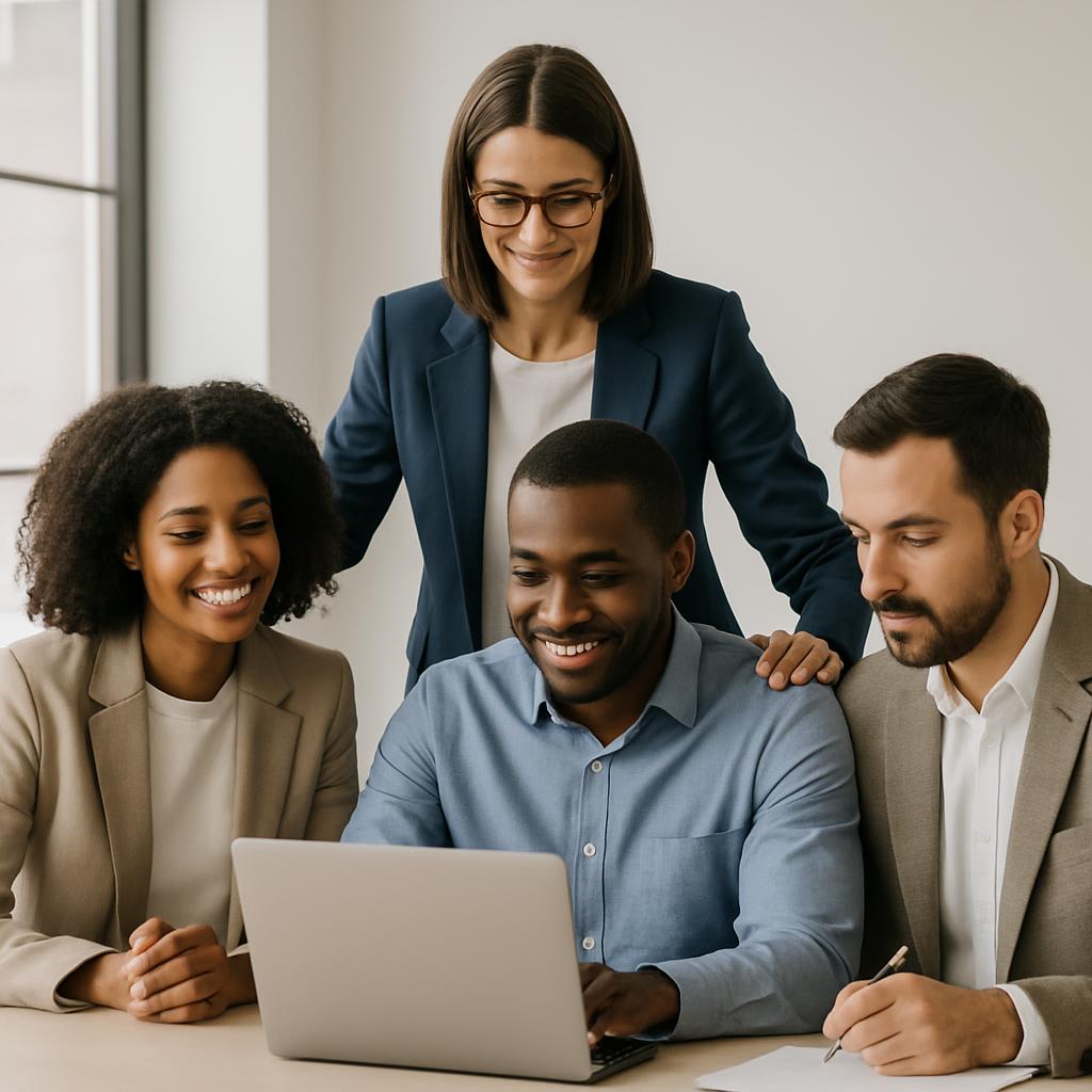 Four diverse American business people in business attire gathered around a laptop.