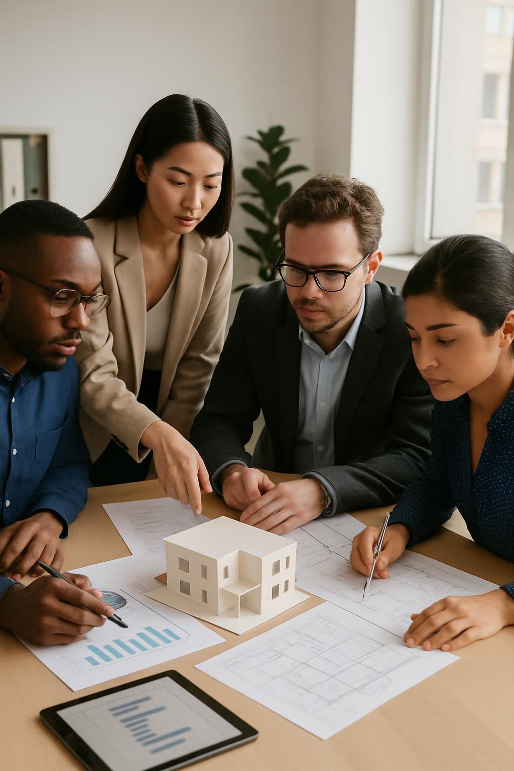 people working with house plans and architectural models at a table, there are multiple displays of graphs and building pl...