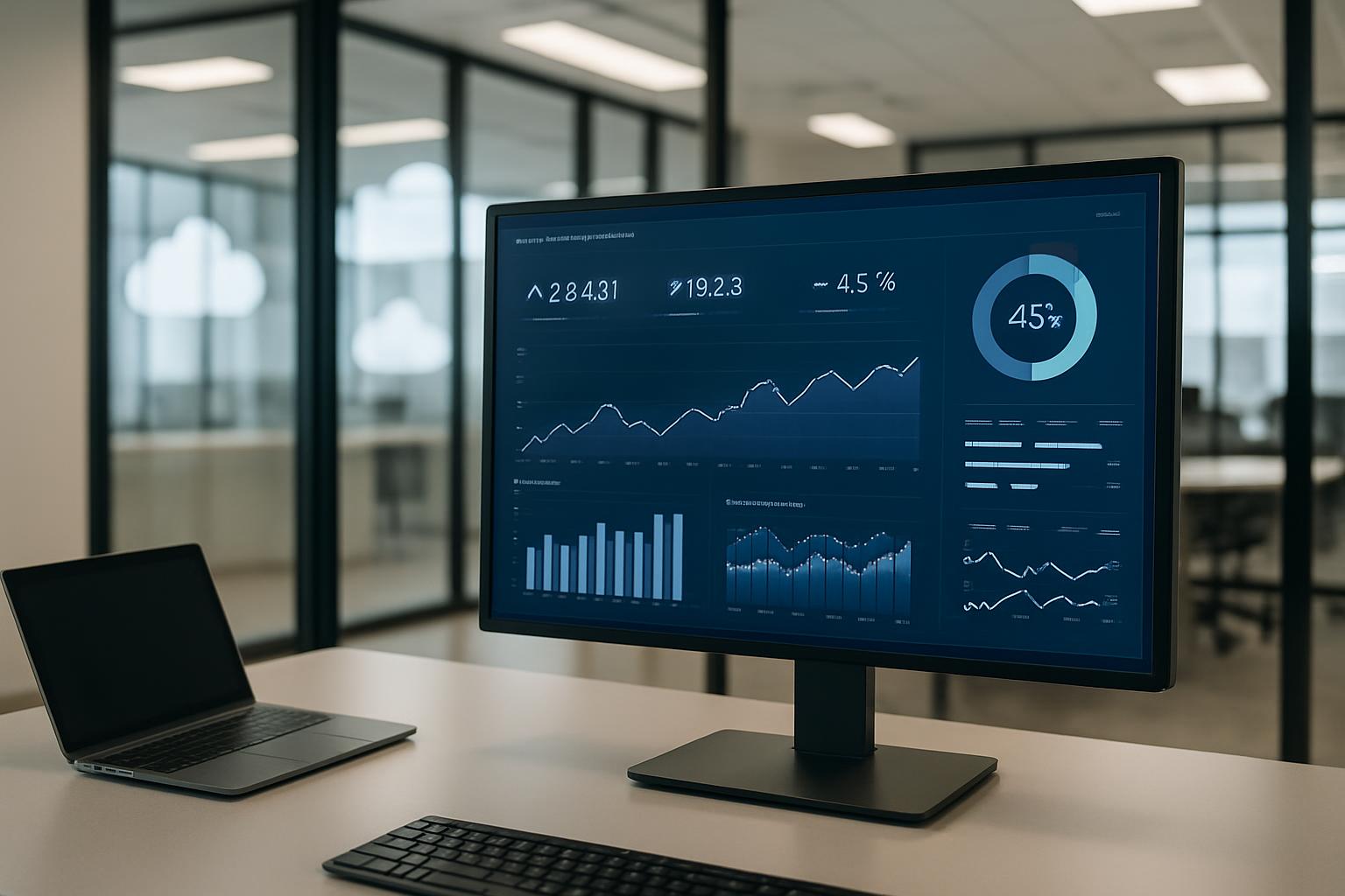 A computer monitor displaying various graphs and charts in an office setting with a laptop and keyboard nearby.