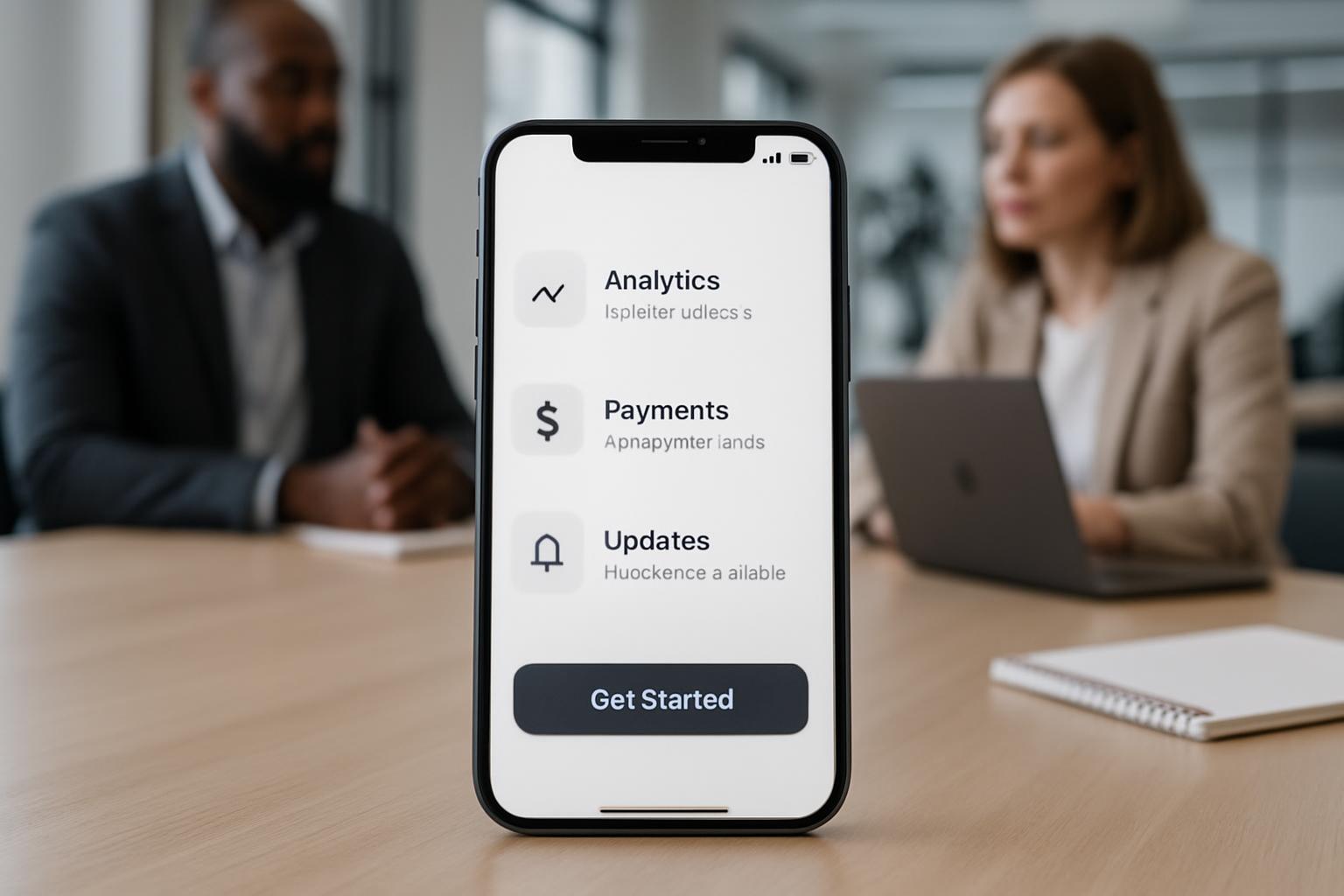 Here is the concise and clear alt text for the image: Mobile phone with app icons, standing on a desk in front of two people.